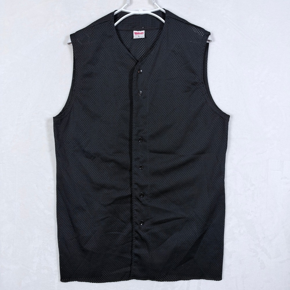 Vintage Wilson Black Mesh Baseball Jersey Vest Button Up Mens Large Made in USA